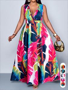 Summer Casual Elegant Printed Plus Size Women's Bohemian Summer Dress V Neck Sleeveless High Waist A-Line, Perfect for Leisure Outdoors Vacation Camping Casual Dresses
