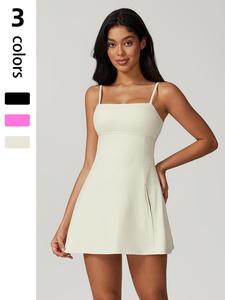 Women's 2 in 1 Padded Backless Cut Out Sports Dress, Breathable Split Hem Cami Dress for Outdoor Golf Yoga, Ladies Sportswear for All Seasons