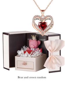 Summer 2024 Rhinestones Heart Shaped Pendant Necklace with Red Immortal Flower & Bear Gift Box, Fashion Teen Girl Accessories for Party, Daily Clothing Decor