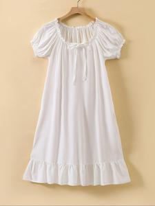 Women's Solid Ruffle Hem Tie Front Nightdress, Puff Sleeve Round Neck Nightgown, Fashion Soft Comfy Sleepwear Pajama for All Seasons