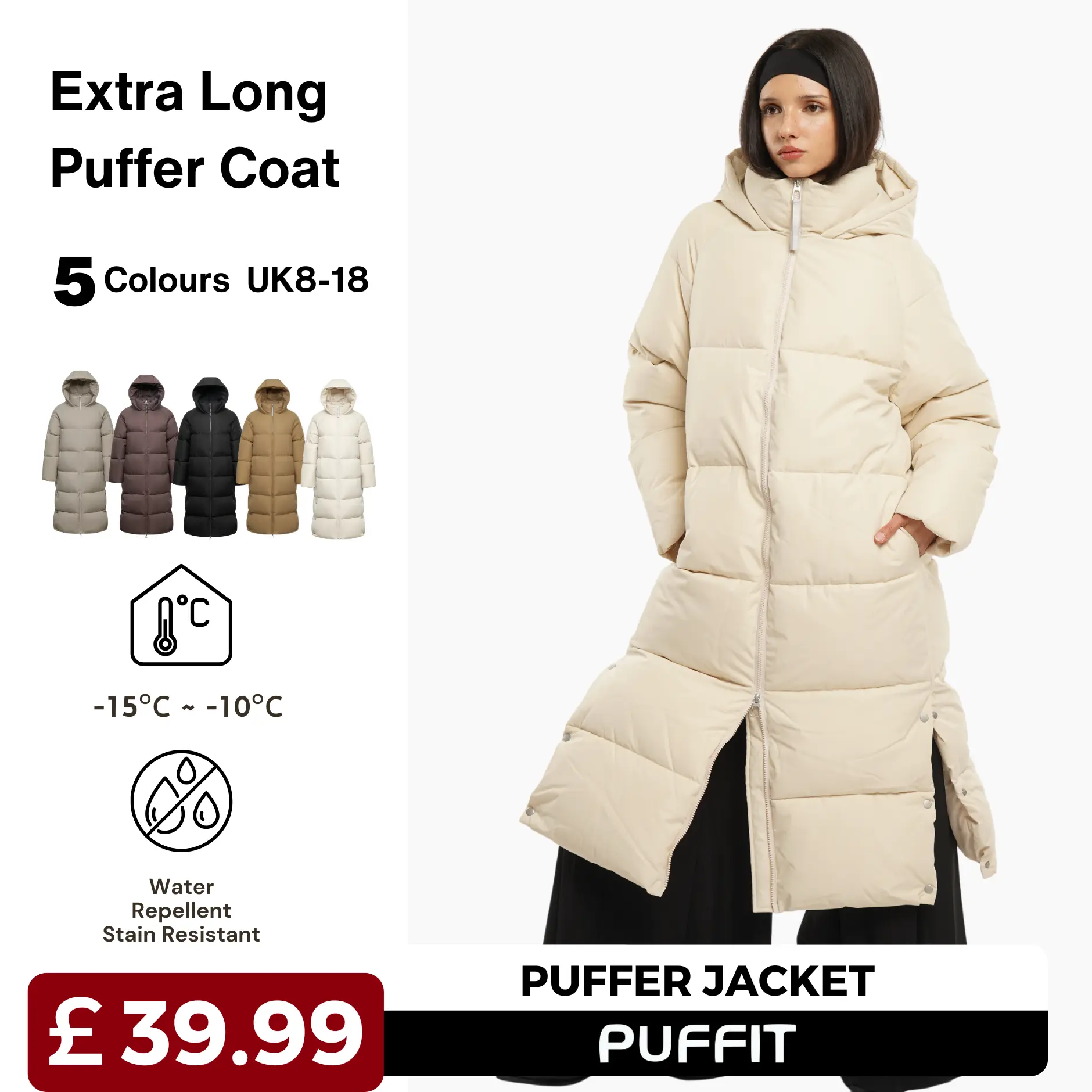 PUFFIT Extra Long Hooded Premium Puffer Jacket Water Repellent Double-open Zip Hooded  Puffer Jacket Womenswear Coats
