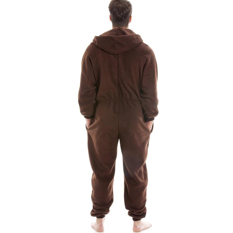 Mens Brown Supersoft Fleece Zip Front Hooded Onesie 1
