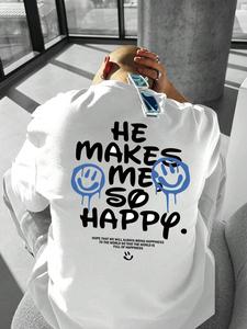 Men's Smile Face & Slogan Print Round Neck Tee, Loose Casual Comfy Fashion Short Sleeve Crew Neck T-shirt for Summer, Men's Top for Daily Wear