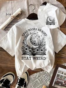 Women's Cartoon Book & Moon Print Round Neck Tee, Vintage Trendy Casual Graphic T-shirt for Daily Wear, Ladies Summer Tops, Clothing, Womenswear, Clothes for Women