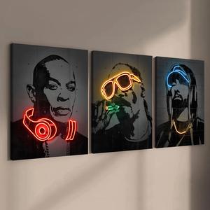 Neon Character Pattern Canvas Painting with Frame, 3 Counts/set Modern Canvas Poster, Wall Art Decor for Home Living Room Bedroom Office