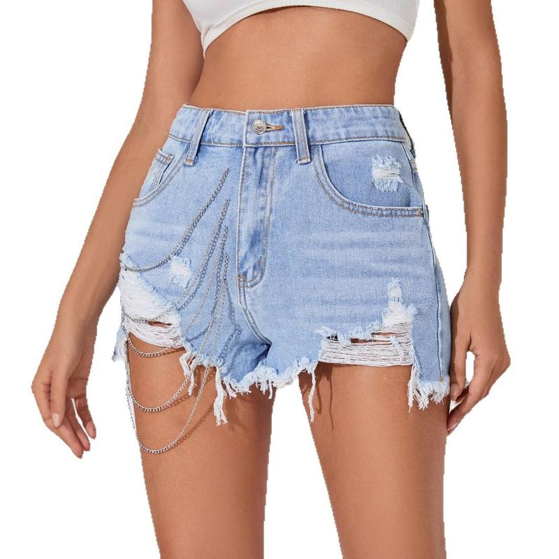 Summer Light Blue High-Quality Denim Shorts for Women Street Chain Three-Quarter Shorts 4
