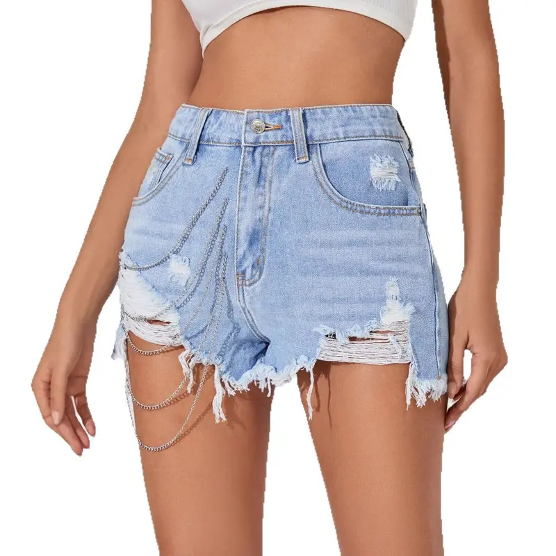 Summer Light Blue High-Quality Denim Shorts for Women Street Chain Three-Quarter Shorts Jean Womenswear 4