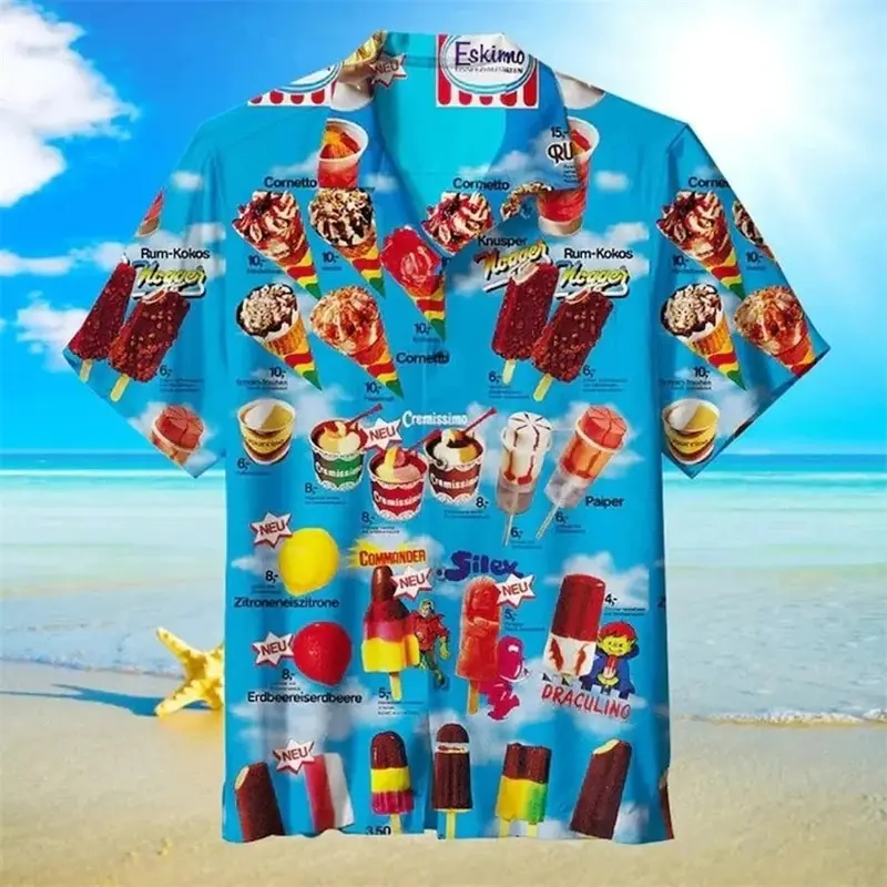 2025 Trendy Cool Fashion Ice Cream Shirts Beach Party 3d Print Hawaiian Shirt unisex Short Sleeve Oversized Blouse Lapel Shirts 2