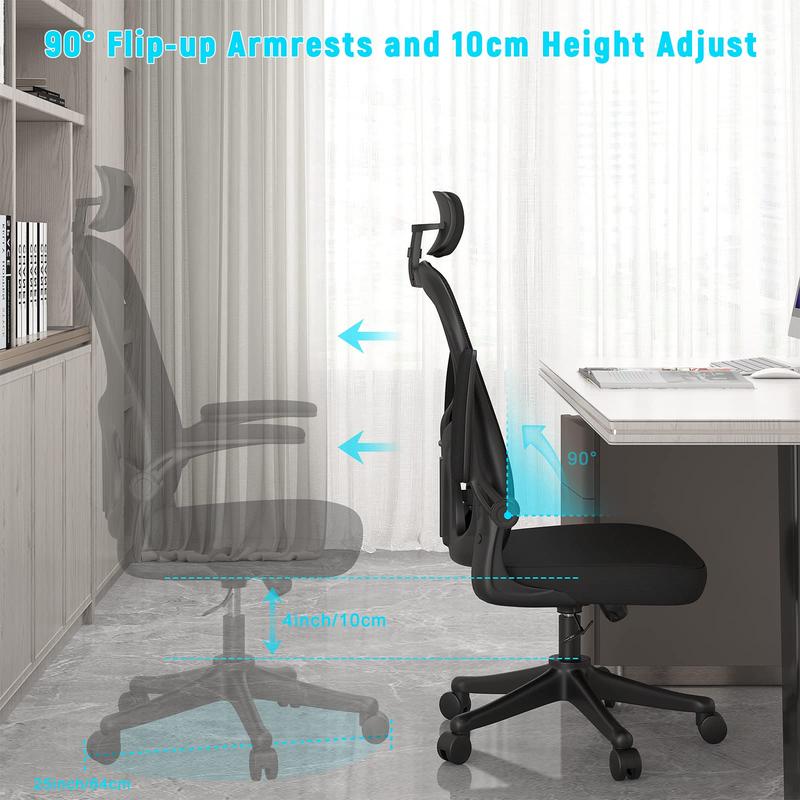 naspaluro Office Desk Chair with Flip-Up Armrest High Back Ergonomic Computer Chair with Adjustable Headrest and Lumbar Support Executive Swivel Chair for Home and Office - Black 3