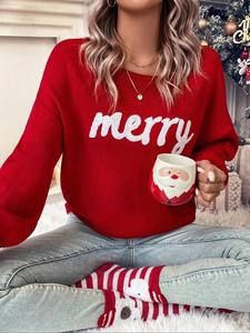 Women's Red Long Sleeve Pullover Sweater, Christmas Fall/winter 2024 Outfit, Round Neck Casual Cute Pullover Sweater for Women, Suitable for Daily Outings, Parties, Ladies Christmas Autumn-winter Clothes, Fitted