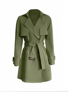 Women's Solid Double Button Belted Trench Coat, Casual Lapel Collar Raglan Sleeve Coat for Daily Outdoor Wear, Ladies Clothes for All Seasons