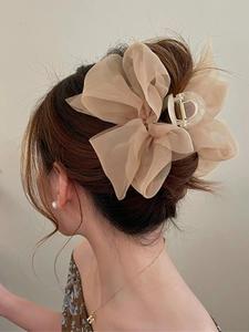 Tiered Layered Bow Design Mesh Hair Claw For Women, Large Size Easy Grasping Clip