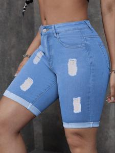 Women's Distressed Denim Shorts, Denim Mom Shorts, Fashion Casual Basic Ripped Short Jeans for Daily Wear, Ladies Slim Bottoms for Summer, Womenswear