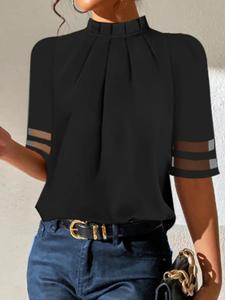 Women's Contrast Mesh Mock Neck Blouse, Casual Half Sleeve Top for Summer, Ladies Clothes for Daily Wear