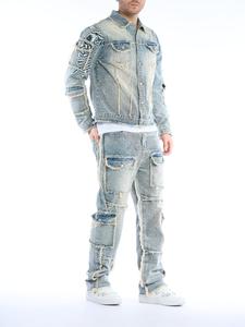 Men's Button Front Jacket & Raw Hem Pocket Jeans Two-piece Set, Casual Collared Outerwear & Straight Leg Trousers, Clothing, Men's Denim Jeans Outfits for All Seasons, Men's Clothing, Cotton
