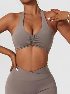 Women's Solid Ruched Halter Neck Sports Bra, Sporty Breathable Wireless Sports Bra for Yoga Gym Workout, Ladies Sportswear Clothing for All Seasons