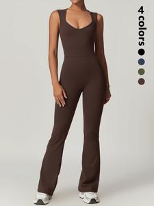 Women's Solid Color Sleeveless Flare Leg Jumpsuit, Casual Comfy Overalls Jumpsuit for Yoga Gym Workout, Ladies Sportswear for Indoor Outdoor Wear