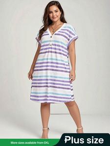 【Plus Size】Womenswear Women's Striped Print Vneck Dress, Summer Chic Casual Wear Button Batwing Sleeve Short Dress, Women's Plus Clothing for Daily Wear, Summer Dresses, Womenswear, Plus Size Dresses, Casual Wear Clothes