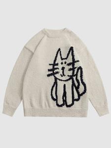 Men's Cartoon Cat Print Drop Shoulder Sweater, Loose Casual Long Sleeve Round Neck Jumper for Fall & Winter, Knitting Tops, Sweater for Women, Valentine's Day Gift for Men, Men's Knitwear for Daily Wear, Weekend Sweater