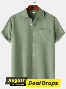 Men's Solid Pocket Button Front Shirt, Regular Fit Classic Style Casual Short Sleeve Collared Top for Spring & Fall, Fashion Men's Clothes for Daily Wear, Green Shortsleeve Menswear