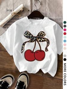 Women's Cherry & Leopard Print Round Neck Tee, Fashion Casual Crew Neck T-shirt for Daily Holiday Vacation Outdoor Wear, Ladies Clothes for Summer, Cute Summer Tops