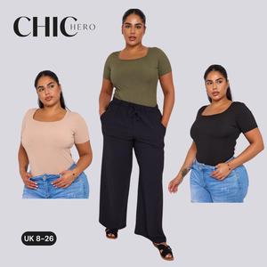 ChicHero Ribbed Square Neck Bodysuit - Fitted Womenswear, High Stretch Polyester, Casual Comfort, Short Sleeve, Sweater Season, UK Sizes 8-26 fashion  deals