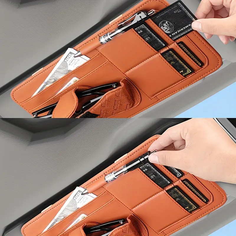 1pc PU Leather Universal Fit Car Sun Visor Multi-Pocket Caddy with Glasses Clip, Pen Holder, and Credit Card Slots 8
