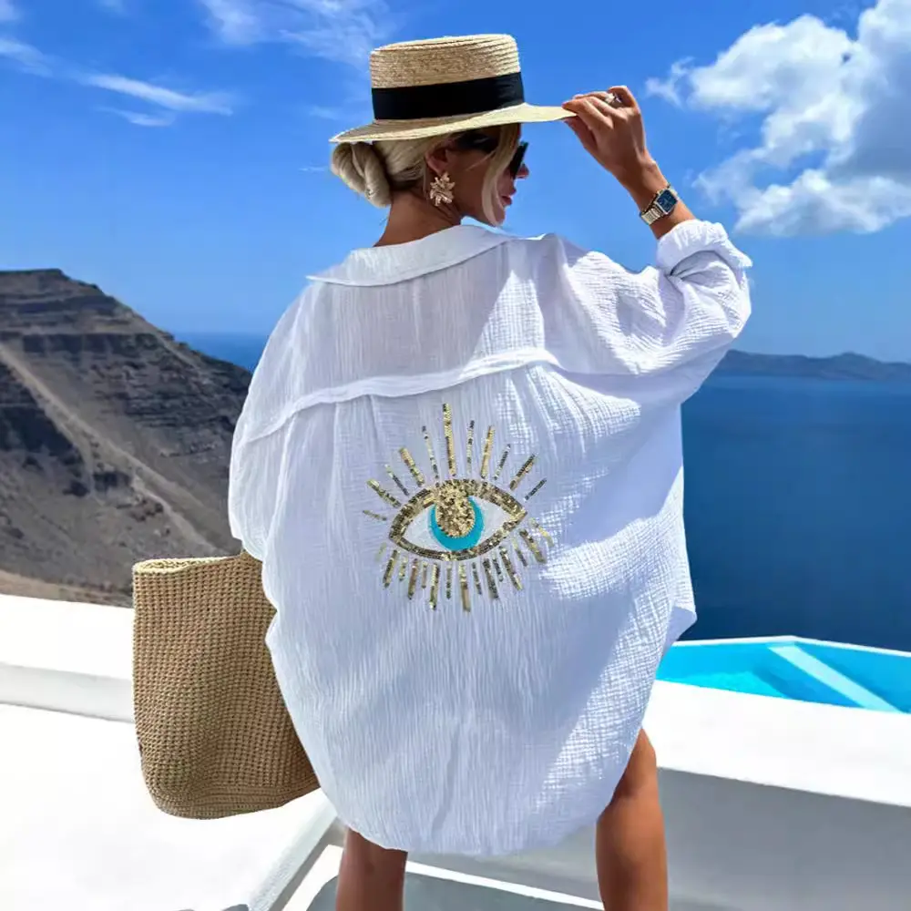 2025 Spring Oversize Women Shirt White Print Turn-down Collar Long Sleeve Loose Blouses Female Casual Trendy Beach Lday Clothes Summer Casual Sequin Eye Shirt Dress Women Fashiona Beach Style Loose Button Sun Protection Cotton Linen Shirt Dress Women Tops