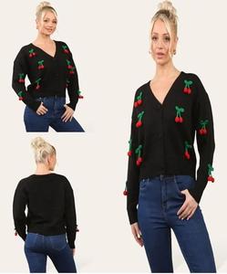 Find Fashion Women's Long Sleeves V Neck 3D Cherry Short Cardigan For Ladies One Size (Fits UK 8-14)