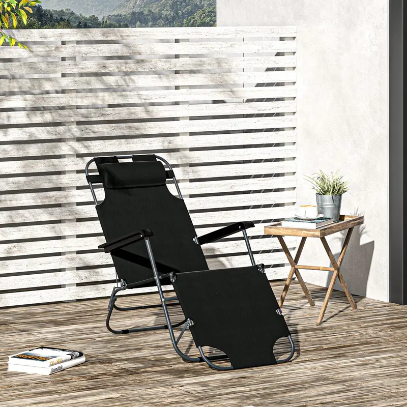 2-in-1 Folding Sun Lounger Chair with Pillow, Black 1