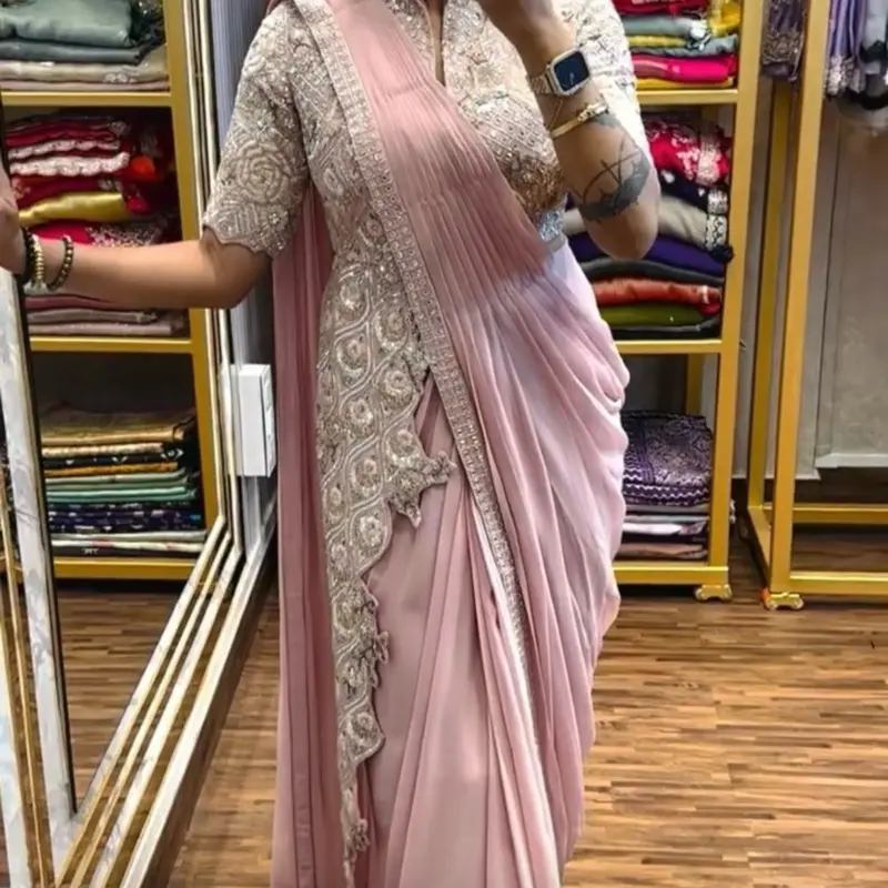 Ready to wear Draper Saree Chiffon  Silk with Peacock style Jacket Asian Womenswear Clothes Comfort