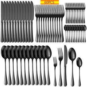Stainless Steel Cutlery Set, 60pcs/set Including Fork & Knife & Spoon Set, Durable Modern Tableware Sets Set for Home Kitchen Dining Room, Black Dinnerware, Dinnerware Service Set, Kitchenware, Utensils, Dining Plate Set