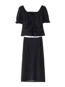 Black Slimming Bestseller Set! Square Collar Drawstring Tank Top + Flowy Maxi Skirt Two-Piece Outfit – Confidence-Boosting Must-Have for Women Over 60kg!