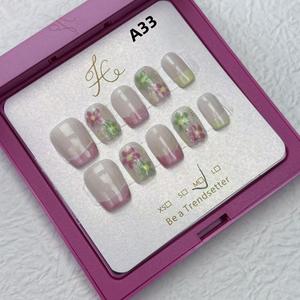 Hand-painted flower summer short French handcrafted nail press press  nails miffy  nails short  press  nails