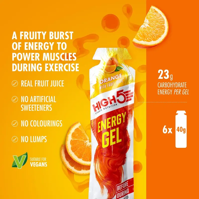 HIGH5 Carbohydrate Gels - Natural Orange Fruit Juice & Caffeine-Free - Endurance Fuel for Running, Cycling & Hiking (6 x 40g) - Beverage, Sport 4