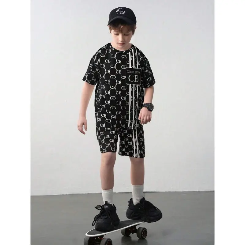 Tween Boys' Loose Fit Casual Round Neck Patterned Short Sleeve T-Shirt And Shorts Set Matching Set 8