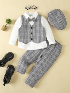 Toddler Boy's Formal 4 Piece Set, Bow Front Long Sleeve Button Front Shirt & Plaid Print Suit Vest & Elastic Waist Pants & Hat, Party Outfits for Little Boys, Cute Clothes, Boys Clothing, Kids Clothes, Clothes for Boys Chav