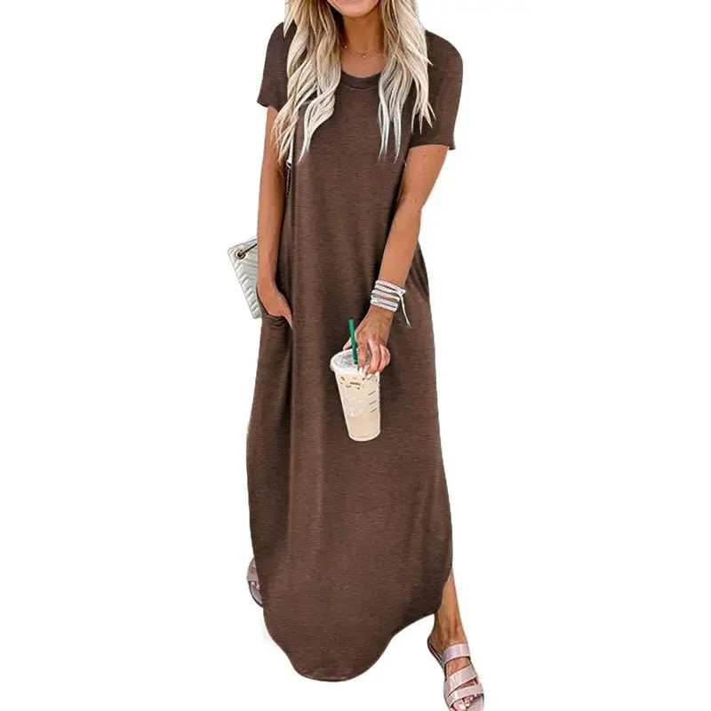 Women's Plain Pocket Round Neck Curved Hem Tee Dress, Ladies Frenchy Style Dresses, Maxi Dress for Women, Casual Short Sleeve Long Dress for Summer, Ladies Clothes for Daily Wear, Summer Dresses 2025 3