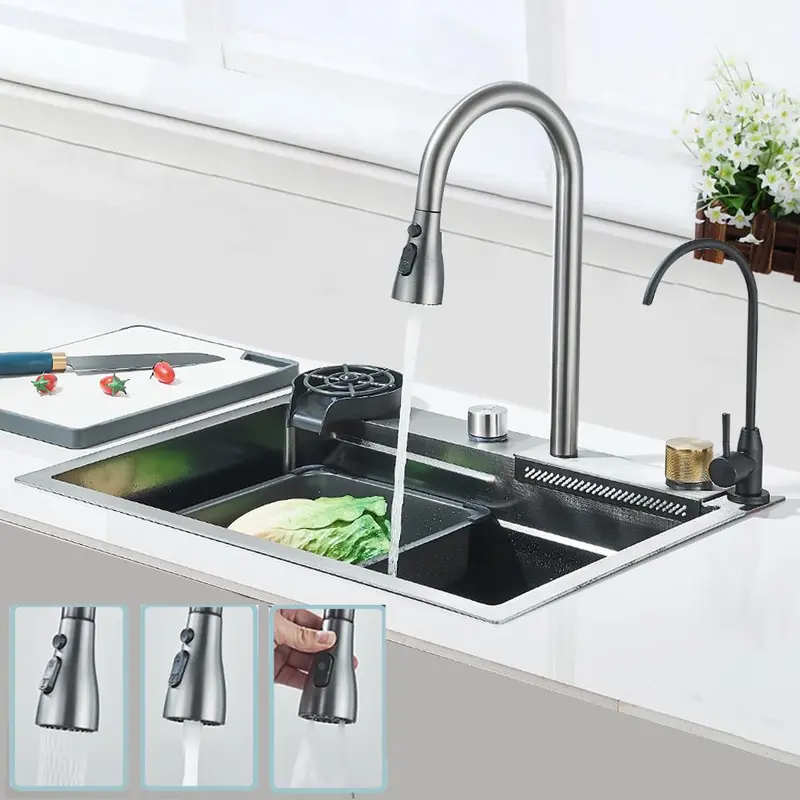 304 Stainless Steel Waterfall Kitchen Sink Large Single Slot with Chopping Board Cup Washer 1