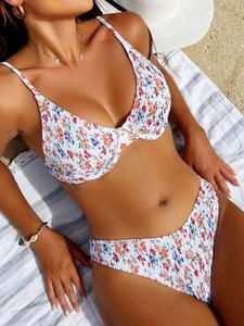 Two-piece Set Women's Ditsy Floral Print Underwire Push Up Bikini Set, Casual Fashion Chic Swimsuit for Beach Holiday Vacation, Ladies Swimwear for All Seasons, Bikini Top Trunks Floral Bikini Bottom, Flower Print Bikini, Summer Bikini Beach