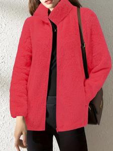 【Plus Size】 Solid Funnel Neck Zip Up Fuzzy Coat, Casual Long Sleeve Pocket Outerwear for Fall & Winter, Women's Clothes for Daily Wear