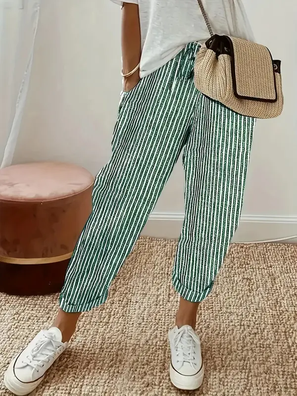 Baggy Legged Pants, Women's Striped Wide-Leg Casual Pants – High Waisted, Comfortable All-Season Wear, Side Stripe Detail, Machine Washable, Perfect for Casual Outings, Travel, Beach Days, Vacation, Resort Wear, Relaxing Weekend, Summer Daily Wear 4