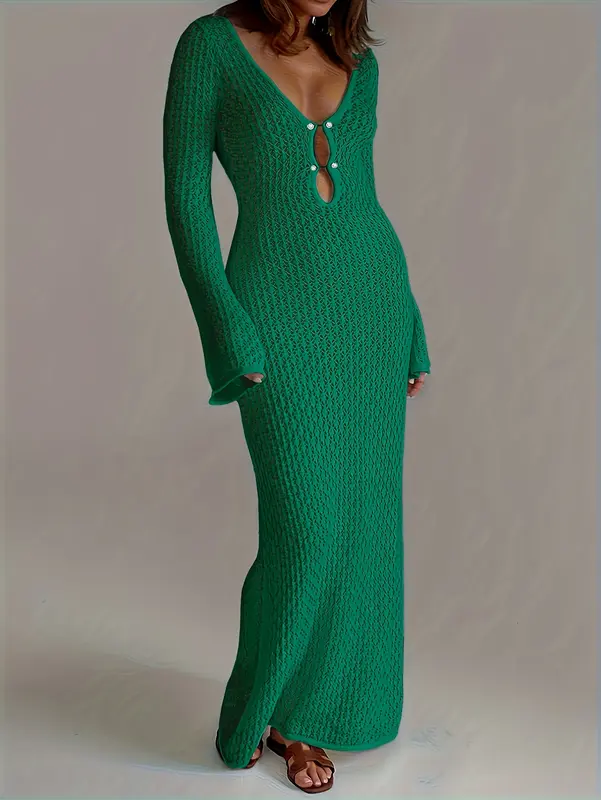 Summer new Women's solid color crochet long beach swimming holiday smock long sleeve sexy dress Casual Womenswear 4