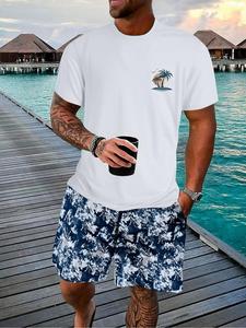 Two-Piece Set Men's Coconut Tree Print Short Sleeve Tee & Shorts, Loose Casual Round Neck T-shirt & Shorts, Men's Summer Clothes for Beach Vacation