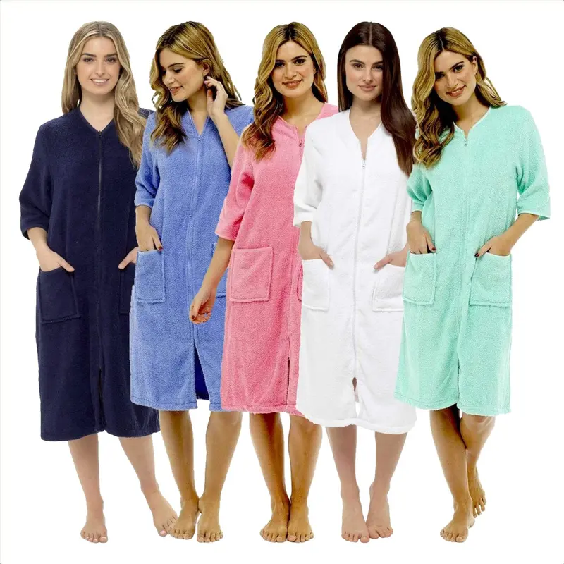 Women's Soft Fluffy Terry Towelling Zip Through Bathrobe 100 Percent Cotton Ultra Absorbent Post-Bath Lounge Wear UK Sizes 8-22 by Daisy Dreamer 0