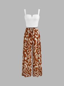 Women's Solid Color Crop Fitted Tank Top & Wide Leg Pants Two-piece Set, Boho Casual Fashion Cozy Top & Trousers for Daily Outdoor Wear, Ladies Clothes for All Seasons, Bohemian Womenswear, Matching Clothing Set, Cami Top Set, Summer Outfits Set