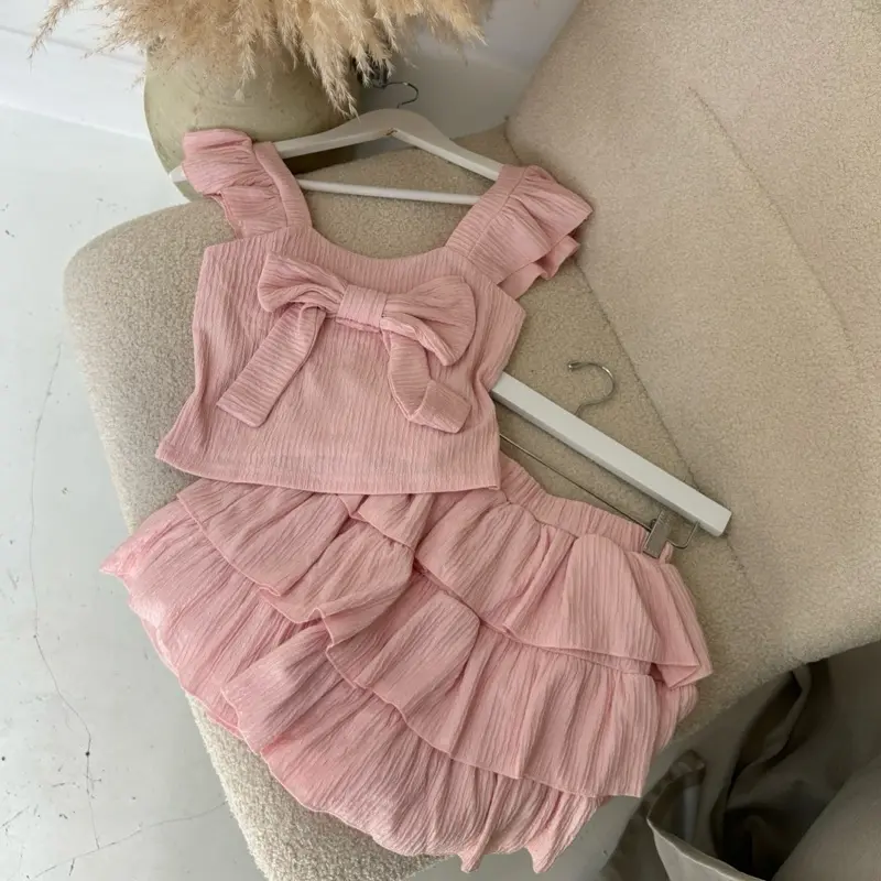 Frill Two Piece Set Skirt & Bow Top Summer Holiday Cute Outfit Built In Shorts Co-ord - 294