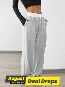 Women's Colorblock Drawstring Waist Sports Jogger Pants, Sporty Pocket Design Wide Leg Trousers for Daily Wear, Ladies Sportswear for All Seasons, Streetwear Athletic Joggers