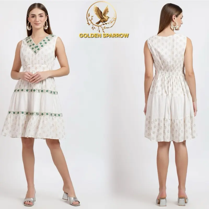 Boho Knee Length Embroidered Midi Dress for Women - Casual Style - Womenswear Summer Comfort Sleeveless Vneck Gorgeous Embroidery Green Off White 1