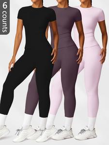 Women's Solid Round Neck Tee & High Waist Leggings Sportswear Set, Breathable Quick Drying Short Sleeve T-shirt & Skinny Yoga Bottoms, Two Piece Set Women, Ladies Sportswear Tracksuit for Indoor Outdoor Gym Workout Wear, Yoga Gym Activewear